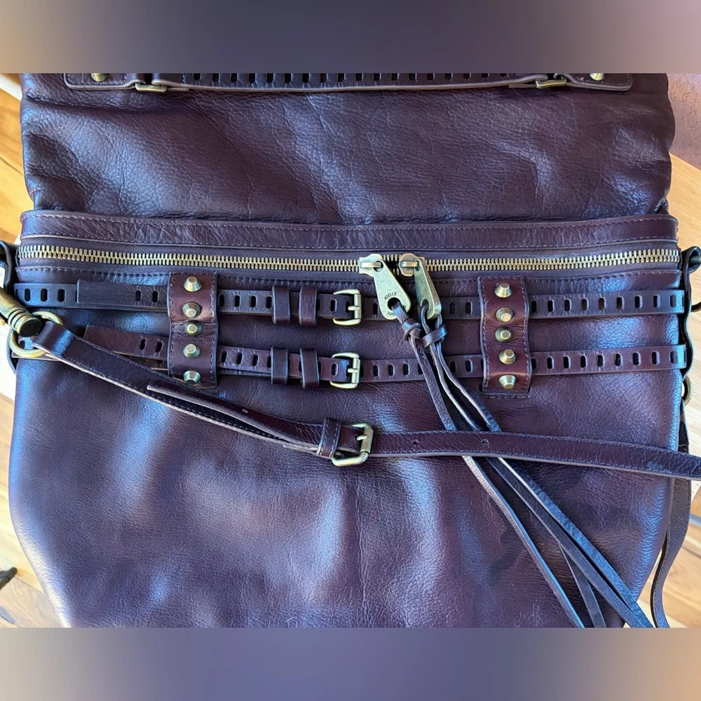 Joelle Hawkens Victory Folder Leather Bag | Brown Boho Studded Satchel Crossbody